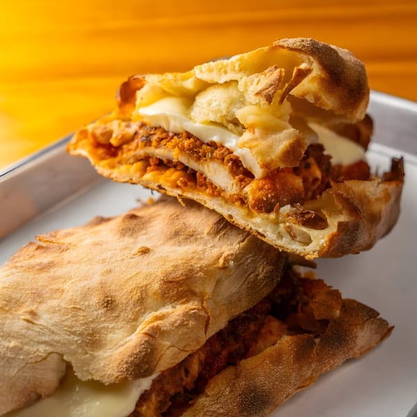 Two halves of a calzone, filled with chicken and melted mozzarella cheese, on a white tray.