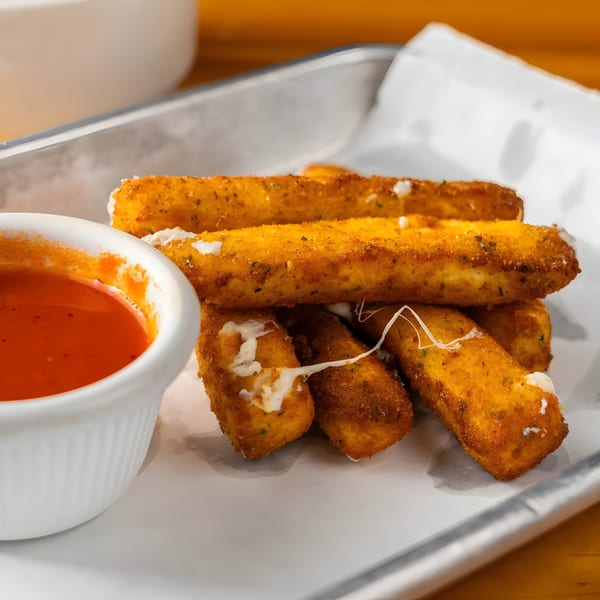 Golden-brown mozzarella sticks with melted cheese and a side of red marinara sauce on a white tray.